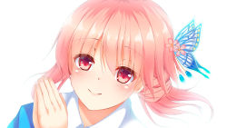 Rule 34 | 1girl, alternate hairstyle, blush, bug, butterfly, butterfly hair ornament, close-up, commentary request, eyes visible through hair, fingernails, hair ornament, image sample, insect, kanzashi, looking at viewer, merxkialis, nail, no headwear, pink eyes, pink hair, saigyouji yuyuko, simple background, smile, solo, touhou, white background