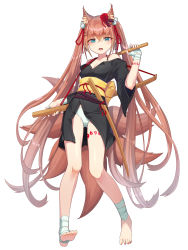 Rule 34 | 1girl, absurdres, animal ears, ankle wrap, black kimono, breasts, brown hair, cleavage, fox ears, fox tail, gluteal fold, hair ornament, highres, holding, holding weapon, japanese clothes, katana, kim nico, kimono, long hair, looking at viewer, midriff peek, multiple tails, obi, off shoulder, open clothes, original, panties, pigeon-toed, sash, short kimono, solo, standing, sword, tail, tomoe (symbol), twintails, underwear, weapon, white background, white panties, wrist wrap