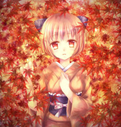 Rule 34 | 1girl, autumn leaves, bad id, bad pixiv id, blonde hair, bow, hair bow, japanese clothes, kimono, leaf, looking at viewer, lying, maple leaf, miyu (botan), on back, original, red eyes, short hair, solo