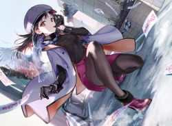Rule 34 | 1girl, bird, black gloves, black hair, black pantyhose, black sweater, cabbie hat, coat, commentary request, day, dutch angle, floating hair, full body, fur-trimmed footwear, fur collar, fur trim, gloves, grey coat, hat, high heels, highres, long hair, long sleeves, looking at viewer, on one knee, open clothes, open coat, original, outdoors, pantyhose, parted lips, path, pencil skirt, purple footwear, purple hat, purple skirt, red eyes, road, skirt, solo, sweater, tiv, transparent, wind