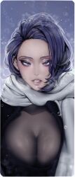 Rule 34 | 1girl, absurdres, black dress, border, brave new world, breasts, cleavage, dress, earrings, highres, jewelry, kim mi jung, large breasts, looking at viewer, medium hair, parted lips, purple eyes, purple hair, scarf, see-through, snow, solo, white border, white scarf, yoongonji