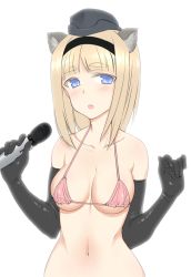 Rule 34 | 1girl, animal ears, aohashi ame, bikini, black gloves, black hairband, black headwear, blunt bangs, blush, breasts, commentary, elbow gloves, garrison cap, gloves, hairband, half-closed eyes, hat, highres, holding, holding microphone, looking at viewer, luminous witches, maria magdalena dietrich, medium breasts, medium hair, microphone, navel, open mouth, pink bikini, simple background, skindentation, solo, squirrel ears, strike witches, string bikini, swimsuit, upper body, w arms, white background, world witches series