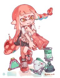 Rule 34 | 1girl, artist name, autobomb (splatoon), bike shorts, braid, commentary, cross-laced footwear, eyebrow cut, full body, gun, highres, holding, holding gun, holding weapon, inkling, inkling girl, inkling player character, long hair, nintendo, open mouth, pointy ears, red footwear, red hair, shirt, shoes, simple background, single braid, solo, splat bomb (splatoon), splatoon (series), splattershot jr (splatoon), standing, standing on one leg, suction bomb (splatoon), tears, tentacle hair, thick eyebrows, torn clothes, torn shirt, twitter username, weapon, white background, white shirt, yellow eyes, yksb inc6