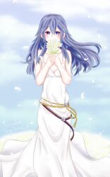 1girl artist_request bare_arms bare_shoulders blue_eyes blue_hair blush brand_of_the_exalt breasts character_name cleavage clenched_hands collarbone dress eyelashes facing_viewer female_focus fire_emblem fire_emblem_awakening fire_emblem_heroes flower hair_between_eyes hands_up happy happy_birthday highres intelligent_systems long_hair looking_at_viewer lucina_(fire_emblem) lucina_(valentine)_(fire_emblem) matching_hair/eyes neck nintendo official_alternate_costume rope_belt sidelocks sleeveless sleeveless_dress small_breasts smelling smelling_flower smile standing sundress white_dress