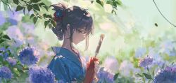 Rule 34 | 1girl, ahoge, blue eyes, blue kimono, blurry, blurry background, branch, brown hair, ciloranko, closed mouth, closed umbrella, commentary request, dappled sunlight, floral print, flower, flower request, folded ponytail, hair between eyes, hair flower, hair ornament, highres, holding, holding umbrella, japanese clothes, kimono, looking down, nape, original, pensive, rain, rainbow, red umbrella, sidelocks, solo, string, string of fate, sunlight, umbrella, water drop