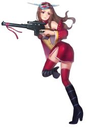 Rule 34 | 1girl, alternate costume, alternate eye color, alternate hair color, ass, bad id, bad pixiv id, bare shoulders, breasts, brown hair, caitlyn (league of legends), detached sleeves, full body, gun, hanato (seonoaiko), high heels, highres, holding, holding gun, holding weapon, leg up, lips, long hair, looking away, mask, mask on head, purple eyes, ribbon, ribbon trim, rifle, simple background, sniper rifle, solo, thighhighs, thighs, weapon, white background, wide sleeves