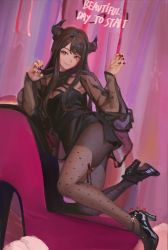 Rule 34 | 1girl, absurdres, arched back, black hair, breasts, brown eyes, closed mouth, clothing cutout, dated, derivative work, dress, from side, full body, hands up, high heels, highres, horns, hxxg, kneeling, long hair, looking at viewer, original, pantyhose, paw pose, photo-referenced, see-through, shorts, small breasts, smile, solo