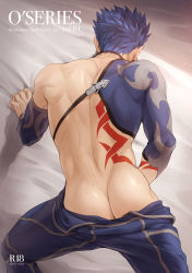 Rule 34 | 1boy, all fours, artist name, ass, back, bed sheet, blue hair, butt crack, commentary request, cowboy shot, cu chulainn (fate), cu chulainn (fate/stay night), cu chulainn (second ascension) (fate), facing away, fate/stay night, fate (series), from behind, highres, igote, male focus, mondi hl, official alternate costume, pants, sheet grab, short hair, solo, spiked hair, tattoo, topless male