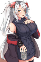 Rule 34 | 1girl, :d, absurdres, azur lane, bare shoulders, black jacket, black sweater, black thighhighs, breasts, brown eyes, can, greyscale, hand up, headgear, highres, holding, holding can, jacket, large breasts, long hair, long sleeves, looking at viewer, monochrome, moyoron, multicolored hair, off shoulder, open clothes, open jacket, open mouth, prinz eugen (azur lane), red hair, silver hair, simple background, sleeveless, sleeveless sweater, sleeveless turtleneck, sleeves past wrists, smile, solo, streaked hair, sweater, thighhighs, turtleneck, turtleneck sweater, two side up, unfinished, very long hair, white background
