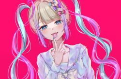 Rule 34 | 1girl, blonde hair, blue bow, blue eyes, blue hair, blue nails, blue shirt, blush, bow, cherriuna, chouzetsusaikawa tenshi-chan, commentary, english commentary, glitch, hair bow, hair ornament, hand up, heart, heart hair ornament, heart in eye, highres, long hair, long sleeves, looking at viewer, looking down, lsd, mouth hold, multicolored hair, multicolored nails, multiple hair bows, nail polish, needy girl overdose, open mouth, pink background, pink bow, pink hair, purple bow, quad tails, sailor collar, shirt, simple background, smile, solo, symbol in eye, twintails, upper body, very long hair, yellow bow, yellow nails