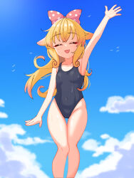 Rule 34 | 1girl, armpits, bare arms, bare hips, bare legs, blonde hair, blue one-piece swimsuit, blue sky, bow, breasts, closed eyes, cloud, collarbone, commentary, covered navel, crossed bangs, feet out of frame, gradient hair, hair bow, hair flaps, highres, idol corp, ks (o6k6s), long hair, momo otako, multicolored hair, one-piece swimsuit, open mouth, orange hair, polka dot, polka dot bow, school swimsuit, sidelocks, simple bird, sky, small breasts, solo, standing, swimsuit, thigh gap, two-tone hair, very long hair, virtual youtuber, water drop, waving