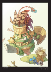 Rule 34 | 1boy, armor, arrow (projectile), black border, border, broken arrow, chain, character name, chibi, clenched teeth, commentary request, crown, english text, feathers, fence, full body, grass, holding, holding shield, holding sword, holding weapon, loincloth, looking at viewer, male focus, orc, orc hero, pauldrons, plant, ragnarok online, red eyes, shield, shoulder armor, skull, solo, sword, teeth, tennohi, typo, weapon, white background, wood