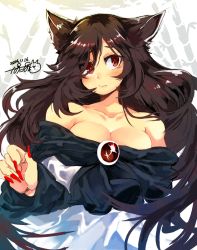 Rule 34 | 1girl, 2014, 3:, animal ears, bare shoulders, blush, breasts, brooch, brown hair, cleavage, collarbone, dated, dress, fingernails, imaizumi kagerou, iroyopon, jewelry, large breasts, long fingernails, long hair, long sleeves, looking to the side, red eyes, signature, sketch, solo, touhou, wolf ears