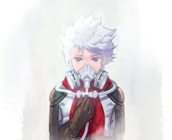 Rule 34 | 1boy, arc the lad, brown gloves, cofffee, gas mask, gloves, halt (arc the lad), looking at viewer, male focus, mask, protected link, purple eyes, red scarf, scarf, short hair, simple background, solo, spiked hair, white background, white hair