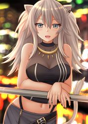 Rule 34 | 1girl, :d, animal ears, bare arms, bare shoulders, black nails, black shirt, blush, breasts, cleavage, commentary, crop top, fangs, grey eyes, hair between eyes, highres, hololive, jewelry, kazenokaze, large breasts, lion ears, lion tail, long hair, looking at viewer, midriff, nail polish, navel, necklace, open mouth, see-through, see-through cleavage, shirt, shishiro botan, shishiro botan (1st costume), silver hair, sleeveless, sleeveless shirt, smile, solo, tail, upper body, virtual youtuber