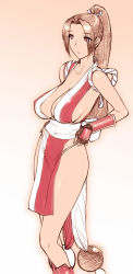 Rule 34 | 1girl, adjusting clothes, adjusting panties, breasts, brown eyes, brown hair, cleavage, fatal fury, fingerless gloves, gloves, large breasts, long hair, long image, panties, pelvic curtain, ponytail, revealing clothes, sagging breasts, shiranui mai, snk, solo, st.germain-sal, standing, tall image, the king of fighters, underwear