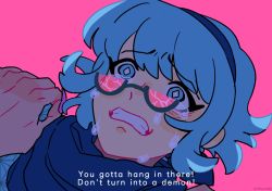 Rule 34 | 1girl, blue eyes, blue hair, blue scarf, bright pupils, clenched teeth, close-up, crack, cracked glass, crying, hairband, hands on another&#039;s shoulders, kimetsu no yaiba, looking over eyewear, looking over glasses, lying, mystery skulls, nahusnab, on back, parody, pink-tinted eyewear, pink-tinted glasses, pink background, scarf, short hair, sidelocks, simple background, solo focus, subtitled, sunglasses, teeth, tinted eyewear, vivi (mystery skulls), yukino vivi