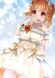 Rule 34 | 1girl, artist name, artist request, bare shoulders, blush, bow, breasts, collarbone, cover mouth, curly hair, dress, earrings, female focus, flower, frilled dress, frills, gloves, hair flower, hair ornament, highres, jewelry, looking at viewer, love live!, love live! school idol festival, love live! sunshine!!, medium breasts, necklace, orange hair, red eyes, red flower, ribbon, short hair, skirt, solo, takami chika, tororo mugi, wedding dress, white bow, white dress, white flower, white gloves, white ribbon, white skirt, yellow flower