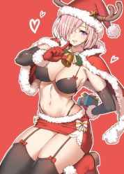 Rule 34 | 1girl, alternate costume, bell, black bra, black panties, black thighhighs, blush, boots, bra, breasts, capelet, christmas, cleavage, collarbone, commentary request, detached sleeves, fate/grand order, fate (series), finger to mouth, fur trim, garter straps, gloves, hair over one eye, hat, highleg, highleg panties, index finger raised, large breasts, light purple hair, looking at viewer, mash kyrielight, miniskirt, navel, panties, purple eyes, red footwear, red gloves, red skirt, santa costume, santa hat, saruchitan, seiza, short hair, sitting, skindentation, skirt, smile, solo, thighhighs, thighs, thong, underwear