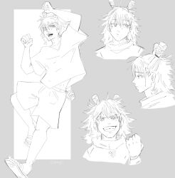 1boy :d clenched_hands double_bun floating_clothes greyscale grin hair_bun highres jujutsu_kaisen jumping kashimo_hajime light_frown looking_to_the_side medium_hair messy_hair monochrome multiple_views open_mouth sandals shirt shorts smile v-shaped_eyebrows woturz