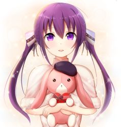 Rule 34 | 1girl, bad id, bad pixiv id, beret, blush, bow, box, capelet, fur-trimmed capelet, fur trim, gift, gochuumon wa usagi desu ka?, gradient background, hair between eyes, hair bow, hat, heart-shaped box, holding, holding gift, holding stuffed toy, kirimoti34, long hair, looking at viewer, open mouth, purple eyes, purple hair, purple ribbon, ribbon, sidelocks, solo, sparkle, stuffed animal, stuffed toy, tedeza rize, twintails, two-tone background, upper body, white bow