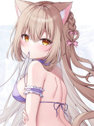 Rule 34 | 1girl, absurdres, animal ear fluff, animal ears, bare back, bare shoulders, bikini, blush, bow, braid, breasts, brown eyes, brown hair, cat ears, cat girl, clothes in mouth, collar, cropped, dot mouth, dot nose, hair bow, heart-shaped hair, highres, long hair, looking at viewer, looking back, medium breasts, original, paid reward available, pink bow, purple bikini, shiono (0303), sideboob, single braid, solo, strap pull, swimsuit, tail