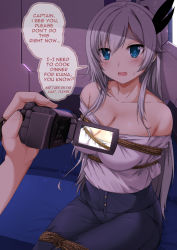 Rule 34 | 1girl, arms behind back, bare shoulders, bdsm, black pants, black ribbon, blue eyes, blush, bondage, bound, breasts, camera, cecilia schariac, cleavage, collarbone, couch, dark, english text, grey hair, hair between eyes, hair ribbon, highres, holding, holding camera, honkai (series), honkai impact 3rd, indoors, large breasts, long hair, looking at viewer, off-shoulder shirt, off shoulder, open mouth, out of frame, pants, parted bangs, pov, pov hands, recording, ribbon, rope, sheita, shirt, shirt tucked in, sidelocks, sitting, solo focus, sparkle, speech bubble, sweatdrop, talking, tears, white shirt, window