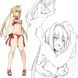 Rule 34 | 1girl, ahoge, bikini, blonde hair, blush, bottomless, cameltoe, closed mouth, criss-cross halter, fate/grand order, fate (series), grabbing, grabbing from behind, green eyes, hair intakes, halterneck, long hair, looking at viewer, multiple views, navel, nero claudius (fate), nero claudius (fate) (all), nero claudius (swimsuit caster) (fate), open mouth, pigeon-toed, red bikini, sandals, shiseki hirame, smile, standing, striped bikini, striped clothes, sweat, swimsuit, twintails, very long hair, white background