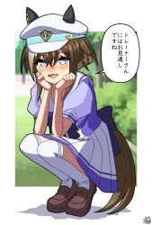 Rule 34 | 1girl, animal ears, blue eyes, blurry, blurry background, blush, breasts, brown hair, cheval grand (umamusume), color neko (user yfvc3323), commentary request, hand on own cheek, hand on own face, hat, highres, horse ears, horse girl, medium breasts, open mouth, ribbon, school uniform, signature, sitting, solo, thighhighs, tracen school uniform, translation request, tree, umamusume