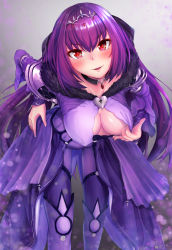 Rule 34 | 1girl, blush, bodysuit, boots, breasts, cleavage, cleavage cutout, clothing cutout, commentary request, fate/grand order, fate (series), flashing, fur collar, heart, highres, large breasts, leaning forward, long hair, looking at viewer, purple bodysuit, purple footwear, purple hair, red eyes, scathach (fate), scathach skadi (fate), scathach skadi (second ascension) (fate), smile, solo, tiara, yami kumo