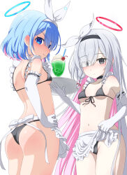 Rule 34 | &gt;:), 2girls, alternate costume, apron, apron lift, arona (blue archive), ass, back, back bow, bare shoulders, bikini, black bikini, black choker, black eyes, black hairband, blue archive, blue eyes, blue hair, blue halo, blunt ends, blush, bow, braid, breasts, choker, closed mouth, clothes lift, colored inner hair, commentary request, cowboy shot, drink, elbow gloves, enmaided, expressionless, eyes visible through hair, frilled apron, frilled gloves, frills, front-tie bikini top, front-tie top, gloves, grey hair, groin, hair over one eye, hair ribbon, hairband, halo, hand up, highres, holding, holding tray, index finger raised, lifting own clothes, long bangs, long hair, looking at viewer, looking back, maid, micro bikini, multicolored hair, multiple girls, navel, partial commentary, pink hair, plana (blue archive), red halo, ribbon, short hair, simple background, single braid, small breasts, smile, smug, straight hair, swimsuit, tray, umeshiba (eleventhdolls), v-shaped eyebrows, very long hair, waist apron, white apron, white background, white bow, white choker, white gloves, white ribbon