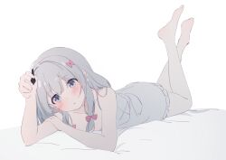 Rule 34 | 1girl, absurdres, bare arms, bare shoulders, barefoot, blush, bow, camisole, collarbone, commentary, eromanga sensei, expressionless, eyes visible through hair, feet, feet up, frilled camisole, frills, full body, grey hair, hair between eyes, hair bow, hand up, head tilt, highres, holding, holding pen, izumi sagiri, legs, legs up, long hair, looking at object, lying, nujii, on stomach, parted lips, pen, pink bow, sidelocks, simple background, soles, solo, straight hair, symbol-only commentary, the pose, toes, white background, white camisole