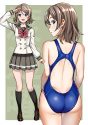 Rule 34 | 1girl, absurdres, ass, blue eyes, blue one-piece swimsuit, blush, breasts, brown hair, competition swimsuit, from behind, highres, long sleeves, looking at viewer, looking back, love live!, love live! sunshine!!, medium breasts, multiple views, neckerchief, one-piece swimsuit, pleated skirt, pukara, red neckerchief, salute, school uniform, serafuku, shiny skin, short hair, short sleeves, skirt, standing, swimsuit, uranohoshi school uniform, watanabe you