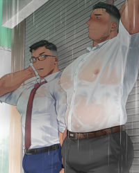 Rule 34 | 2boys, bara, belt, black belt, black hair, black pants, blue pants, blush, closed mouth, covered erect nipples, day, facial hair, glasses, highres, large pectorals, looking at another, male focus, multiple boys, muscular, muscular male, necktie, original, otototo, outdoors, pants, pectorals, rain, see-through, shirt, short hair, stubble, undercut, water drop, wet, wet clothes, wet hair, white shirt