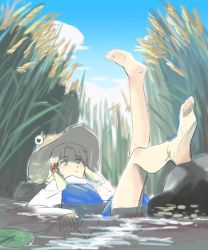 Rule 34 | 1girl, bad id, bad pixiv id, bare legs, barefoot, blonde hair, day, grass, hat, leg lift, lily pad, lying, moriya suwako, moroes, on back, outstretched leg, partially submerged, reeds, river, sky, solo, summer, touhou, water, wide sleeves