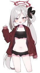 Rule 34 | 1girl, :d, alternate costume, bikini, black bikini, black flower, blue archive, blush, commentary request, fang, flower, frilled bikini, frills, grey hair, hair flower, hair ornament, halo, highres, jacket, long hair, long sleeves, looking at viewer, murase48, mutsuki (blue archive), navel, open clothes, open jacket, open mouth, pink eyes, red halo, red jacket, side ponytail, simple background, skin fang, sleeves past wrists, slit pupils, smile, solo, standing, swimsuit, thighs, very long hair, white background