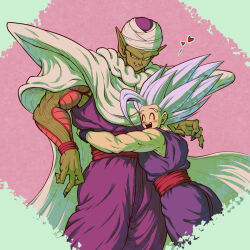 Rule 34 | 2boys, :d, ^ ^, biceps, black nails, blue wristband, blush, cape, closed eyes, colored skin, commentary request, dougi, dragon ball, dragon ball super, dragon ball super super hero, fingernails, gohan beast, green background, green skin, happy, heart, hug, koukyouji, looking at another, male focus, multiple boys, muscular, muscular male, namekian, open mouth, pants, parted lips, piccolo, pink background, pointy ears, purple pants, red sash, sash, shoulder pads, simple background, smile, son gohan, spiked hair, standing, teeth, turban, two-tone background, upper teeth only, v-shaped eyebrows, white cape, white hair, wristband