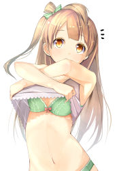 Rule 34 | 10s, 1girl, ^^^, absurdres, bow, bow bra, bra, breasts, brown hair, byte (allbyte), cleavage, clothes lift, green bra, green panties, highres, long hair, love live!, love live! school idol project, minami kotori, navel, panties, shirt lift, shizuka (deatennsi), small breasts, solo, underwear, undressing, white background, yellow eyes