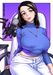 Rule 34 | 1girl, animification, black hair, blue sweater, breasts, bright pupils, brown hair, bunny ayumi, chair, commentary, english commentary, gaming chair, head tilt, highres, jewelry, large breasts, looking at viewer, medium hair, microphone, necklace, pants, real life, ribbed sweater, rockaroll haze, sitting, smile, solo, sweater, sweatpants, swivel chair, twitter username, white pants, white pupils, wide hips
