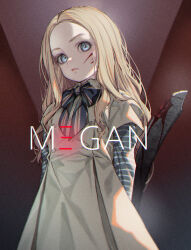 Rule 34 | 1girl, arms behind back, blonde hair, blood, blood on face, blue bow, blue eyes, bow, closed mouth, dress, forehead, holding, holding sword, holding weapon, kink (tortoiseshell), long hair, long sleeves, looking at viewer, m3gan, m3gan (character), solo, standing, sword, weapon, white dress