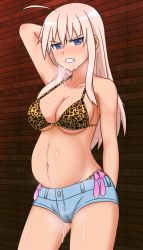 Rule 34 | 1girl, bikini, blonde hair, blue eyes, blush, breasts, condom, groin, hachimitsu-b, hanna-justina marseille, large breasts, navel, pregnant, short shorts, shorts, solo, strike witches, swimsuit, used condom, world witches series