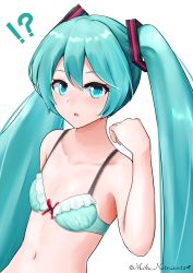 Rule 34 | !?, absurdres, bag, bare arms, blue bra, blue eyes, blue hair, bra, breasts, cleavage, collarbone, hair between eyes, hatsune miku, highres, long hair, navel, open mouth, red ribbon, ribbon, simple background, small breasts, solo, sweatdrop, tesu@youbon, twintails, twitter username, underwear, very long hair, vocaloid, white background