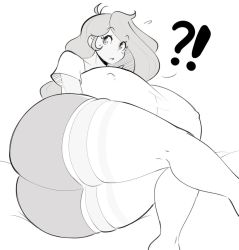 Rule 34 | !, 1girl, ?, ass, breasts, cassie (theycallhimcake), covered erect nipples, gigantic breasts, huge ass, long hair, looking at viewer, lying, on side, original, shirt, shorts, sketch, solo, theycallhimcake, thighhighs, very long hair, white background