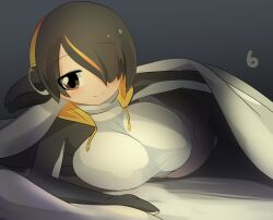 Rule 34 | 1girl, bed, bed invitation, black hair, black jacket, blush, breasts, brown eyes, closed mouth, commentary request, cowboy shot, emperor penguin (kemono friends), grey background, hair between eyes, hair over one eye, hairjob, headphones, jacket, kemono friends, large breasts, lets0020, long bangs, looking at viewer, lying, multicolored hair, numbered, on side, one-piece swimsuit, open clothes, open jacket, orange hair, short hair, smile, solo, streaked hair, swimsuit, under covers, white one-piece swimsuit