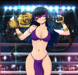 Rule 34 | 1girl, arm strap, bikini, black hair, boxing ring, breasts, championship belt, collarbone, commentary, commission, cowboy shot, domino mask, english commentary, fang, highres, large breasts, long hair, mask, navel, original, parted lips, pelvic curtain, purple bikini, slit pupils, smile, solo, sparkle background, swimsuit, wrestling ring, wwe, yadiel, yellow eyes