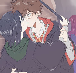 Rule 34 | 2boys, black hair, brown hair, collar, collarbone, glasses, hand on another&#039;s arm, hand on another&#039;s back, harry potter (series), hogwarts school uniform, holding, holding wand, hood, james potter, kiss, looking at another, male focus, multiple boys, necktie, robe, school uniform, severus snape, striped necktie, striped neckwear, sweat, uniform, wand, wing collar, wizarding world, yaoi