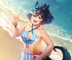 Rule 34 | 1girl, alternate costume, animal ears, ball, beach, beachball, bikini, black hair, blue bow, blue eyes, bow, bracelet, breasts, cleavage, criss-cross halter, day, ear bow, front-tie bikini top, front-tie top, gaman, hair between eyes, halterneck, highres, holding, holding ball, holding beachball, horse ears, horse girl, horse tail, jewelry, katsuragi ace (umamusume), looking at viewer, medium breasts, medium hair, multicolored hair, ocean, open mouth, pointing, pointing at self, pointing with thumb, ponytail, sand, side-tie bikini bottom, smile, solo, streaked hair, striped bikini, striped clothes, swimsuit, tail, umamusume, water, white hair