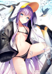 Rule 34 | 1girl, animal hood, armor, bikini, bird, black bikini, black jacket, blue bow, blush, bow, breasts, choker, closed mouth, collarbone, commentary request, fate/grand order, fate (series), greaves, hair between eyes, has bad revision, has downscaled revision, hood, hood up, jacket, long hair, long sleeves, looking at viewer, md5 mismatch, meltryllis, meltryllis (fate), meltryllis (swimsuit lancer) (fate), meltryllis (swimsuit lancer) (first ascension) (fate), navel, open clothes, open jacket, penguin, penguin hood, purple hair, resolution mismatch, revision, sleeves past fingers, sleeves past wrists, small breasts, smile, source smaller, swimming, swimsuit, thighs, underwater, very long hair, yan (nicknikg)