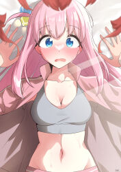 Rule 34 | 2girls, absurdres, assertive female, blue eyes, blurry, blurry foreground, blush, bocchi the rock!, bra, breasts, cleavage, collarbone, commentary request, cube hair ornament, female pov, girl on top, gotoh hitori, hair ornament, highres, jacket, kita ikuyo, large breasts, long hair, looking at viewer, lying, multiple girls, navel, open clothes, open jacket, open mouth, partially undressed, pink hair, ponytail, pov, pov hair, side ponytail, signature, sports bra, strings-lover, sunlight, surprised, sweat, sweatdrop, track jacket, underwear, upper body, wavy mouth, yuri