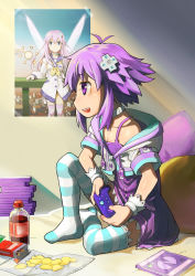 Rule 34 | 10s, 1girl, choker, controller, d-pad, female focus, game controller, hair ornament, highres, nepgear, neptune (neptunia), neptune (series), poster (medium), poster (object), purple eyes, purple hair, segamark, siblings, snack, solo, striped clothes, striped thighhighs, thighhighs, wings